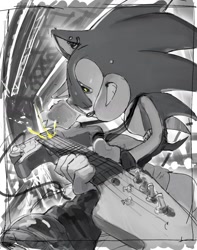 Size: 1226x1553 | Tagged: safe, artist:qoooop03, sonic the hedgehog, 2025, greyscale, grin, guitar, holding something, monochrome, playing music, smile, spot color