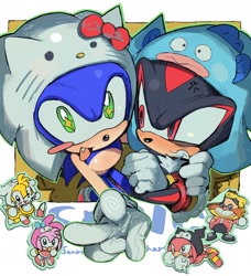 Size: 1620x1780 | Tagged: safe, artist:qoooop03, amy rose, knuckles the echidna, miles "tails" prower, robotnik, shadow the hedgehog, sonic the hedgehog, 2025, blushing, cinnamoroll, clenched teeth, cosplay, eyes closed, group, hand on another's shoulder, hangyodon, hello kitty, kuromi, looking at them, looking at viewer, my melody, onegai my melody, pompompurin, sanrio, smile, v sign