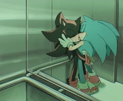 Size: 1662x1369 | Tagged: safe, artist:qoooop03, shadow the hedgehog, sonic the hedgehog, 2025, blushing, duo, elevator, eyes closed, gay, indoors, kiss, mouth open, shadow x sonic, shipping, standing, sweat