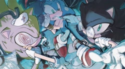 Size: 2048x1128 | Tagged: safe, artist:qoooop03, sonic the hedgehog, sonic x, 2025, bandage, dark form, dark sonic, fleetway, fleetway super sonic, glasses, holding something, looking at viewer, lying back, lying down, mouth open, nurse outfit, scalpel, self paradox, smile, sonic the comic, standing, trio