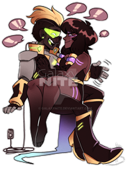 Size: 1024x1366 | Tagged: safe, artist:galaxynite, nicole the hololynx, shard the metal, human, 2023, charging, clothes, deviantart watermark, duo, exclamation mark, female, glasses, hand on cheek, happy, heart, humanized, looking at each other, male, shardicole, shipping, speech bubble, straight, talking, watermark
