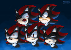 Size: 2000x1412 | Tagged: safe, artist:chobitsg, shadow the hedgehog, hedgehog, 2010, clenched teeth, expressions meme, faic, frown, gradient background, looking offscreen, male, meme, mouth open, shadow is not amused, shrunken pupils, signature, smile, solo, solo male, unamused