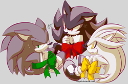 Size: 1539x1013 | Tagged: safe, artist:myly14, shadow the hedgehog, silver the hedgehog, sonic the hedgehog, hedgehog, 2013, bondage, bow, cross popping vein, frown, lidded eyes, looking at them, looking at viewer, male, males only, ribbon, signature, simple background, sitting, sonic is not amused, sweatdrop, trio, trio male, unamused, white background