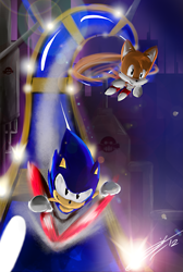 Size: 1273x1890 | Tagged: safe, artist:jord-uk, miles "tails" prower, sonic the hedgehog, fox, hedgehog, sonic the hedgehog 2, 2012, abstract background, absurd res, chemical plant, classic sonic, classic tails, duo, duo male, dust clouds, flying, lens flare, lineless, male, males only, mid-air, running, shine, signature, smile, speedpaint in description, spinning tails, youtube link in description