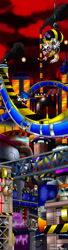 Size: 1189x4355 | Tagged: safe, artist:nextgrandcross, miles "tails" prower, sonic the hedgehog, sonic the hedgehog 2, 2011, abstract background, agender, badnik, blue sclera, chemical plant, classic sonic, classic tails, clouds, grabber, group, male, pink water, robot, running, signature, smoke, spiny, water