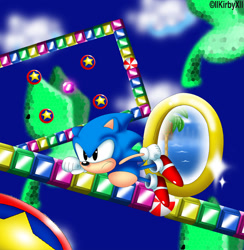 Size: 1750x1796 | Tagged: safe, artist:jdoesstuff, sonic the hedgehog, bird, hedgehog, sonic the hedgehog (1991), 2011, abstract background, bumper, chaos emerald, classic sonic, clenched fists, frown, looking offscreen, male, mid-air, palm tree, portal, ring, solo, solo male, sparkles, special stage