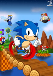 Size: 1200x1701 | Tagged: safe, artist:jdoesstuff, buzz bomber, moto bug, robotnik, sonic the hedgehog, hedgehog, human, green hill zone, 2024, abstract background, agender, badnik, bridge, classic robotnik, classic sonic, clenched fists, clouds, crabmeat, daytime, eggmobile, fire, flame, flower, grass, group, island, looking at them, looking at viewer, male, mid-air, orange brown checkerboard, outdoors, redraw, robot, running, smile, sonic the hedgehog (8bit), sunflower, water