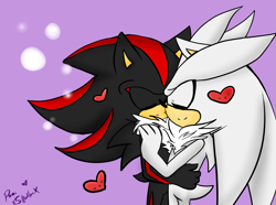 Size: 1227x913 | Tagged: safe, artist:yurikoname, shadow the hedgehog, silver the hedgehog, hedgehog, 2013, duo, duo male, eyes closed, gay, gloves off, heart, holding each other, male, males only, purple background, shadow x silver, shipping, signature, simple background, smile, standing