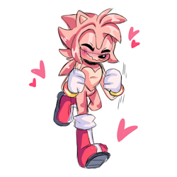Size: 1280x1280 | Tagged: safe, artist:sumpthinphishy, amy rose, hedgehog, 2022, blushing, boots, clenched fists, eyes closed, gender swap, heart, heart chest, male, simple background, smile, solo, solo male, walking, white background