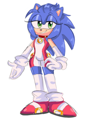 Size: 810x1080 | Tagged: safe, artist:sumpthinphishy, sonic the hedgehog, hedgehog, 2022, bodysuit, clenched teeth, clothes, eyelashes, female, gender swap, hand on hip, lidded eyes, looking at viewer, ring, simple background, sleeves, smile, smiling at viewer, solo, solo female, standing, stockings, white background