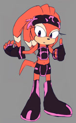 Size: 765x1229 | Tagged: safe, artist:quiickyfoxy, shade the echidna, echidna, 2017, alternate outfit, boots, clothes, crop top, female, fingerless gloves, grey background, headband, midriff, shorts, simple background, solo, solo female, standing, thumbs up
