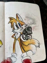 Size: 4032x3024 | Tagged: safe, artist:cohendrawsthings, miles "tails" prower, fox, 2023, alternate shoes, gun, holding something, male, pointing gun at viewer, smile, smiling at viewer, solo, solo male, standing, traditional media