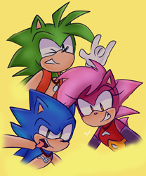 Size: 2500x3000 | Tagged: safe, artist:toronchelo, sonia the hedgehog, sonic the hedgehog, hedgehog, sonic underground, 2026, clenched teeth, clothes, devil horns (gesture), eyelashes, female, gilet, looking at viewer, male, manic the hedgehog, mouth open, necklace, siblings, simple background, smile, smiling at viewer, tongue out, trio, wink, yellow background