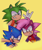 Size: 2500x3000 | Tagged: safe, artist:toronchelo, sonia the hedgehog, sonic the hedgehog, hedgehog, sonic underground, 2026, clenched teeth, clothes, devil horns (gesture), dic, eyelashes, female, gilet, looking at viewer, male, manic the hedgehog, mouth open, necklace, siblings, simple background, smile, smiling at viewer, tongue out, trio, wink, yellow background
