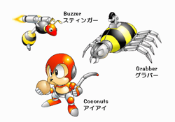 Size: 640x448 | Tagged: safe, artist:yasushi yamaguchi, coconuts, sonic the hedgehog 2, agender, agender only, badnik, buzzer, character name, coconut, english text, grabber, japanese text, looking offscreen, official artwork, robot, simple background, text, trio, trio agender, white background