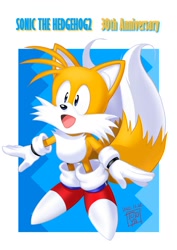 Size: 1414x2000 | Tagged: safe, artist:judy totoya, miles "tails" prower, 2022, 30th anniversary, anniversary, arms out, classic tails, cute, english text, looking offscreen, male, mouth open, official artwork, open smile, signature, smile, solo, solo male, standing, text