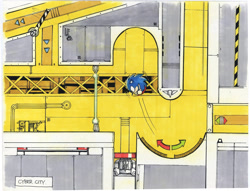 Size: 3333x2549 | Tagged: safe, artist:yasushi yamaguchi, sonic the hedgehog, hedgehog, sonic the hedgehog 2, abstract background, absurd res, arrow, classic sonic, concept art, cyber city zone, english text, male, mid-air, official artwork, solo, solo male, spinball, spring, text, zone name