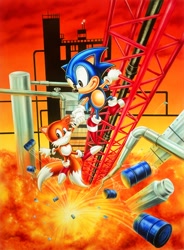 Size: 1162x1578 | Tagged: safe, artist:duncan gutteridge, miles "tails" prower, sonic the hedgehog, fox, hedgehog, oil ocean zone, sonic the hedgehog 2, 1993, abstract background, barrel, classic sonic, classic tails, duo, duo male, explosion, frown, holding hands, holding something, holding them, male, males only, official artwork, outdoors, smile, sunset
