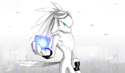 Size: 3816x2221 | Tagged: safe, artist:oiix0xiio, jet the hawk, bird, 2022, gradient background, holding something, key to babylon garden, looking offscreen, male, monochrome, solo, solo male, spot color, standing