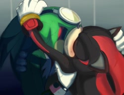 Size: 1098x840 | Tagged: suggestive, artist:crazylonelyrogues, jet the hawk, shadow the hedgehog, bird, hedgehog, 2021, blushing, duo, duo male, eyes closed, gay, holding each other, jet x shadow, kiss, kissing neck, male, males only, shipping, sweatdrop