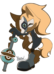 Size: 1667x2300 | Tagged: safe, artist:nekutaro, whisper the wolf, wolf, 2024, eyes closed, female, holding something, mask, mask over one eye, one fang, pointing, riders style, signature, simple background, smile, solo, solo female, standing, style emulation, transparent background, wispon