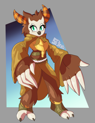 Size: 1410x1814 | Tagged: safe, artist:soltaric, longclaw, bird, owl, 2025, abstract background, alternate universe, backstory in description, eyelashes, female, hand on hip, leg fluff, long description, looking at viewer, redesign, signature, smile, smiling at viewer, solo female, standing