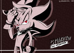 Size: 3500x2500 | Tagged: safe, artist:shadowhatesomochao, shadow the hedgehog, hedgehog, 2016, character name, english text, glowing eyes, greyscale, hand on head, lidded eyes, male, monochrome, solo, solo male, speedpaint in description, spot color, standing, stupid sexy shadow, text, wallpaper, youtube link in description