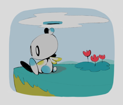 Size: 540x462 | Tagged: safe, artist:un-genesis, chao, 2021, agender, clouds, flat colors, flower, grass, hero chao, looking offscreen, sitting, solo, solo agender, tulip