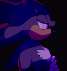 Size: 600x640 | Tagged: safe, artist:un-genesis, shadow the hedgehog, hedgehog, 2018, black background, hand on stomach, lidded eyes, looking offscreen, male, mouth open, side view, simple background, solo, solo male