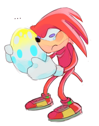 Size: 1953x2489 | Tagged: safe, artist:un-genesis, knuckles the echidna, echidna, ..., 2018, chao egg, crying, egg, faic, frown, holding something, male, missing accessory, simple background, solo, solo male, standing, tears, white background