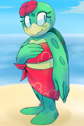 Size: 600x900 | Tagged: safe, artist:un-genesis, oc, oc:alma the turtle, 2018, beach, clouds, daytime, eyelashes, female, flower, hand on chest, looking offscreen, midriff, oc only, ocean, outdoors, smile, solo, solo female, turtle, water