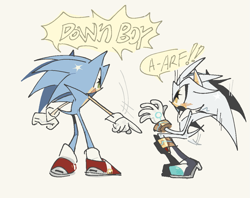 Size: 1155x916 | Tagged: safe, artist:loveitt_02, sonic the hedgehog, 2025, archie comics, blushing, down boy, duo, looking at each other, looking at them, meme, mouth open, pointing, shipping, silver, silver x sonic, simple background, smile, sonic, speech bubble, standing, white background