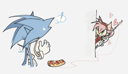 Size: 1021x594 | Tagged: safe, artist:loveitt_02, amy rose, sonic the hedgehog, 2025, amy x sonic, chili dog, duo, food, grey background, heart, looking at them, shipping, simple background, smile, standing, straight, string