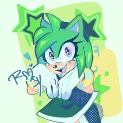 Size: 1252x1252 | Tagged: safe, artist:rosybeltmoonk, amy rose, 2025, color swap, green amy, green fur, heart, looking at viewer, smile, solo, star (symbol)