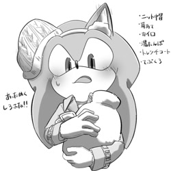 Size: 1256x1254 | Tagged: safe, artist:oudooooon427, sonic the hedgehog, 2025, blushing, earmuffs, greyscale, hat, holding something, jacket, japanese text, monochrome, mouth open, simple background, solo, white background