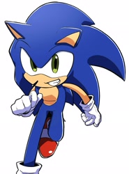 Size: 1512x2048 | Tagged: safe, artist:oudooooon427, sonic the hedgehog, 2025, grin, looking at viewer, running, simple background, smile, solo, white background