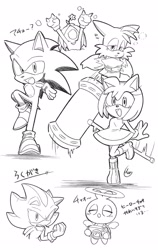 Size: 1292x2048 | Tagged: safe, artist:oudooooon427, amy rose, knuckles the echidna, miles "tails" prower, shadow the hedgehog, sonic the hedgehog, chao, 2025, blushing, camera, chaos emerald, eyes closed, flower, greyscale, group, hero chao, holding something, japanese text, monochrome, mouth open, piko piko hammer, pillow, simple background, sketch, smile, standing, white background