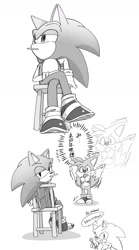 Size: 933x1674 | Tagged: safe, artist:oudooooon427, miles "tails" prower, sonic the hedgehog, 2025, candy, chair, comic, duo, food, greyscale, japanese text, lollipop, looking at them, monochrome, mouth open, simple background, speech bubble, standing, white background