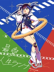 Size: 1522x2048 | Tagged: safe, artist:oudooooon427, sonic the hedgehog, human, 2025, bumper, chaos emerald, hat, hatsune miku, headphones, headphones around neck, hoodie, jacket, japanese text, looking at viewer, mouth open, project onsoku, ring, shorts, smile, solo, sonic racing crossworlds, v sign, vocaloid