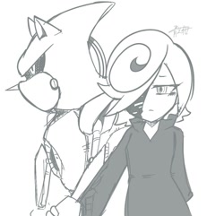 Size: 1003x965 | Tagged: safe, artist:aoshibazakura95, metal sonic, sage, sonic frontiers, 2025, duo, greyscale, monochrome, robot, simple background, white background