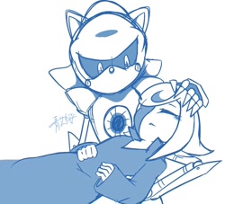 Size: 1045x948 | Tagged: safe, artist:aoshibazakura95, metal sonic, sage, sonic frontiers, 2025, duo, hand on another's head, looking at them, monochrome, robot, simple background, white background