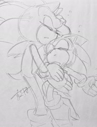 Size: 1567x2048 | Tagged: safe, artist:aoshibazakura95, sonic the hedgehog, 2025, classic sonic, cute, duo, eyes closed, grey background, greyscale, lying down, monochrome, pencilwork, self paradox, signature, sketch, sleeping, sonabetes, speech bubble, traditional media