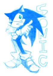 Size: 722x1024 | Tagged: safe, artist:pop0_44, sonic the hedgehog, arms folded, character name, monochrome, simple background, sketch, smile, solo, standing, white background