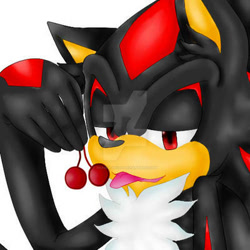 Size: 400x400 | Tagged: suggestive, artist:shaida-wolf, shadow the hedgehog, 2011, cherry, deviantart watermark, food, fruit, gloves off, holding something, lidded eyes, looking at viewer, obtrusive watermark, simple background, solo, stupid sexy shadow, suggestive eating, tongue out, watermark, white background