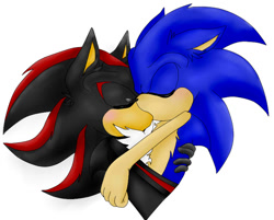 Size: 776x625 | Tagged: safe, artist:shaida-wolf, shadow the hedgehog, sonic the hedgehog, 2011, duo, ear fluff, eyes closed, gay, gloves off, holding each other, kiss, shadow x sonic, shipping, simple background, white background