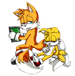 Size: 457x460 | Tagged: safe, artist:shaida-wolf, miles "tails" prower, 2012, classic tails, duo, eyes closed, holding something, kneeling, lidded eyes, looking at them, looking back, looking back at them, self paradox, simple background, sitting, sleeping, smile, tablet, transparent background