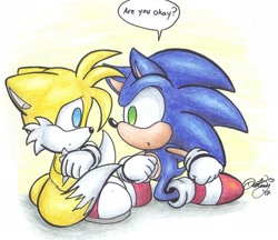 Size: 2212x1912 | Tagged: safe, artist:gilgummybear, miles "tails" prower, sonic the hedgehog, 2012, :o, arms folded, crying, cute, dialogue, duo, english text, floppy ears, gradient background, kneeling, looking at each other, mouth open, pencilwork, sad, signature, sitting, sonabetes, speech bubble, tailabetes, tears, tears of sadness, text, traditional media