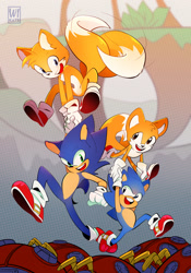 Size: 1772x2528 | Tagged: safe, artist:w1kate, miles "tails" prower, moto bug, sonic the hedgehog, 2020, agender, badnik, carrying them, classic sonic, classic tails, flying, group, holding hands, looking at viewer, loop, male, mid-air, mouth open, open smile, robot, smile, sonic generations, spinning tails, treads