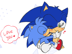 Size: 589x447 | Tagged: safe, artist:p-bj, sonic the hedgehog, oc, oc:monty the hedgehog, hedgehog, 2025, blushing, carrying them, child, cute, dialogue, duo, duo male, english text, eyes closed, flat colors, heart, kiss, kiss on cheek, male, males only, one eye closed, simple background, smile, white background