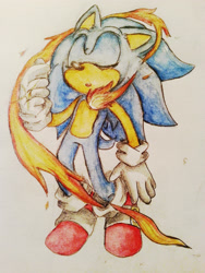 Size: 2448x3264 | Tagged: safe, artist:silvykinesis, sonic the hedgehog, 2013, eyes closed, fire, flame, male, mouth open, pencilwork, solo, sonic and the secret rings, traditional media